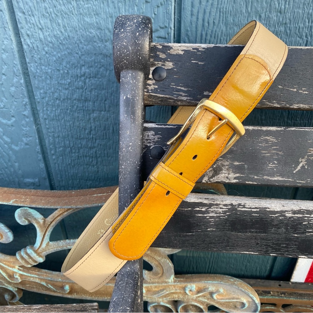 Vintage 70’s two toned yellow patent belt gold buckle Stomberg’s fits 32”-35”